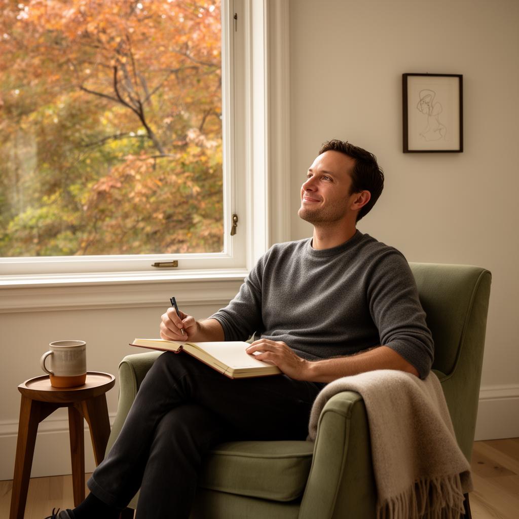 A man in a deep sage chair beside a tall window with a notebook on his lap, looking up mid-thought with a small warm smile