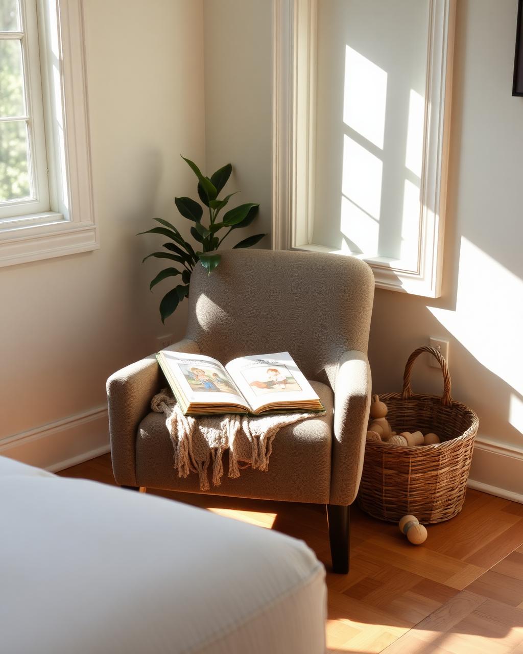 Children's book resting on a chair in a sunlit room