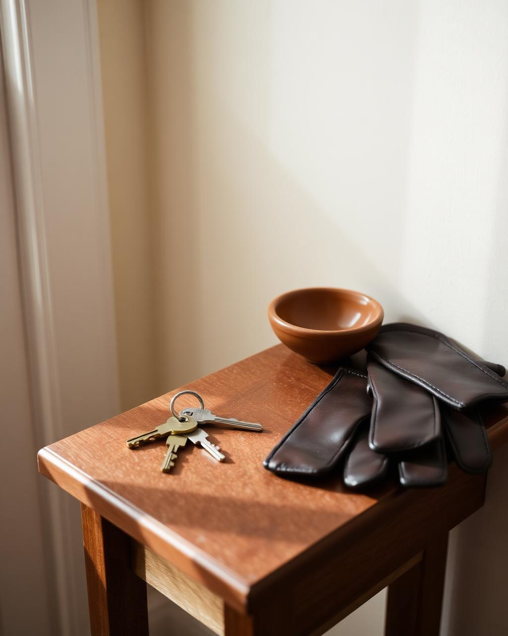 Keys and gloves on a wooden entry table