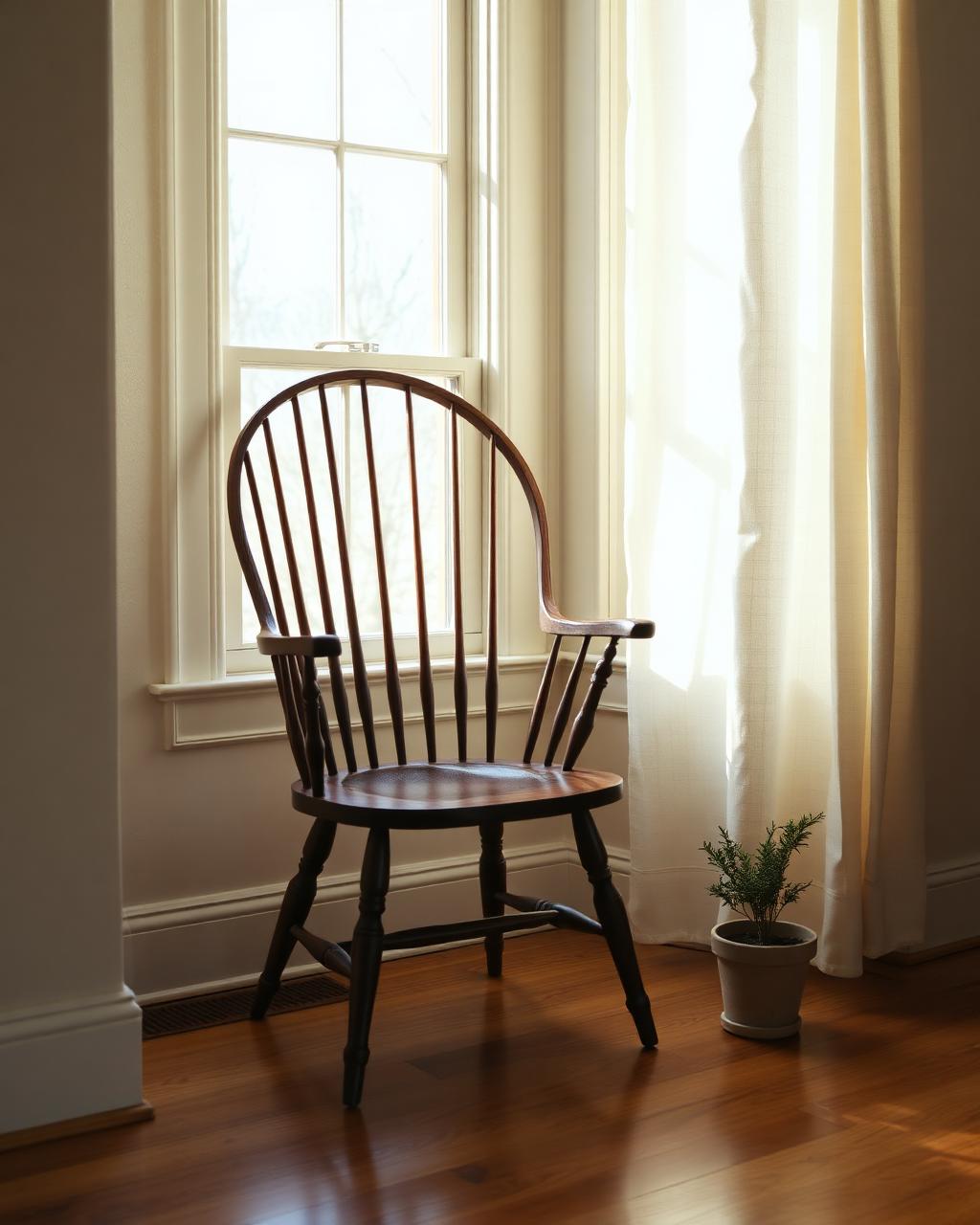Empty wooden chair beside a sunlit window