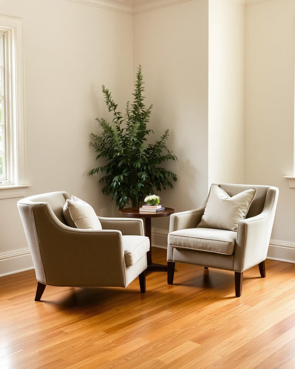 Two chairs turned toward each other in a considered room